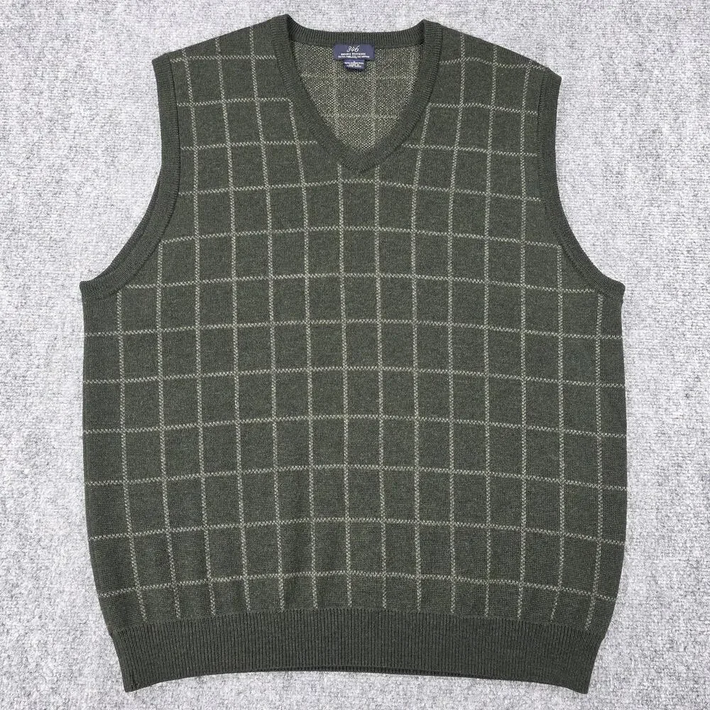 Brooks Brothers Sweater Vest Mens Large Green Windowpane Merino Wool Knit VTG HK